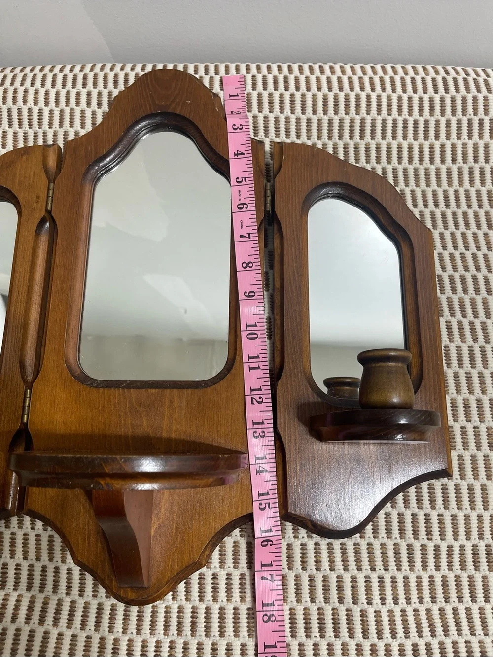 Vintage Wood Tri-View Wall Mirror Shelf in Brown